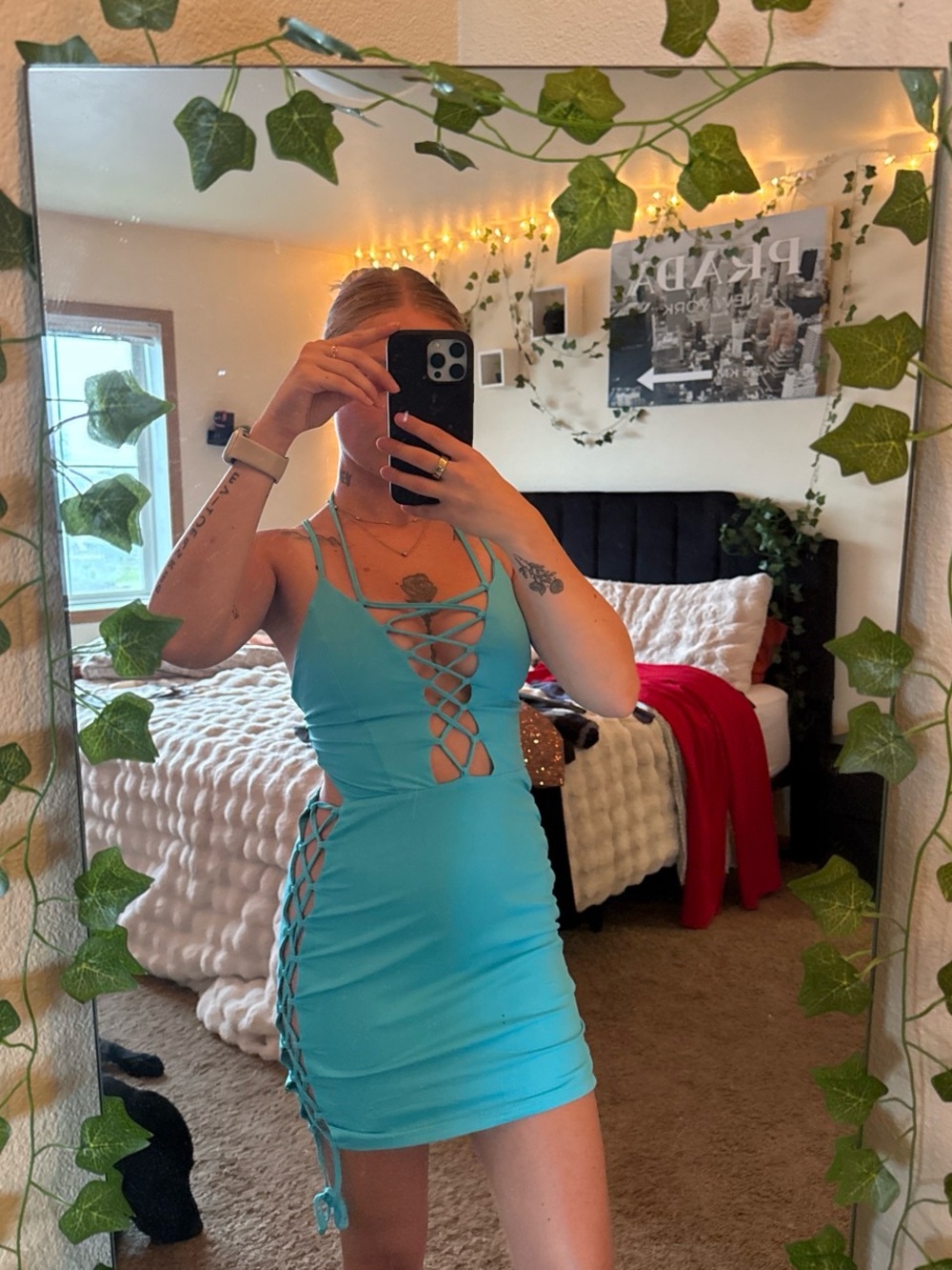 Forever 21 Turquoise Lace-Up Bodycon Mini Dress